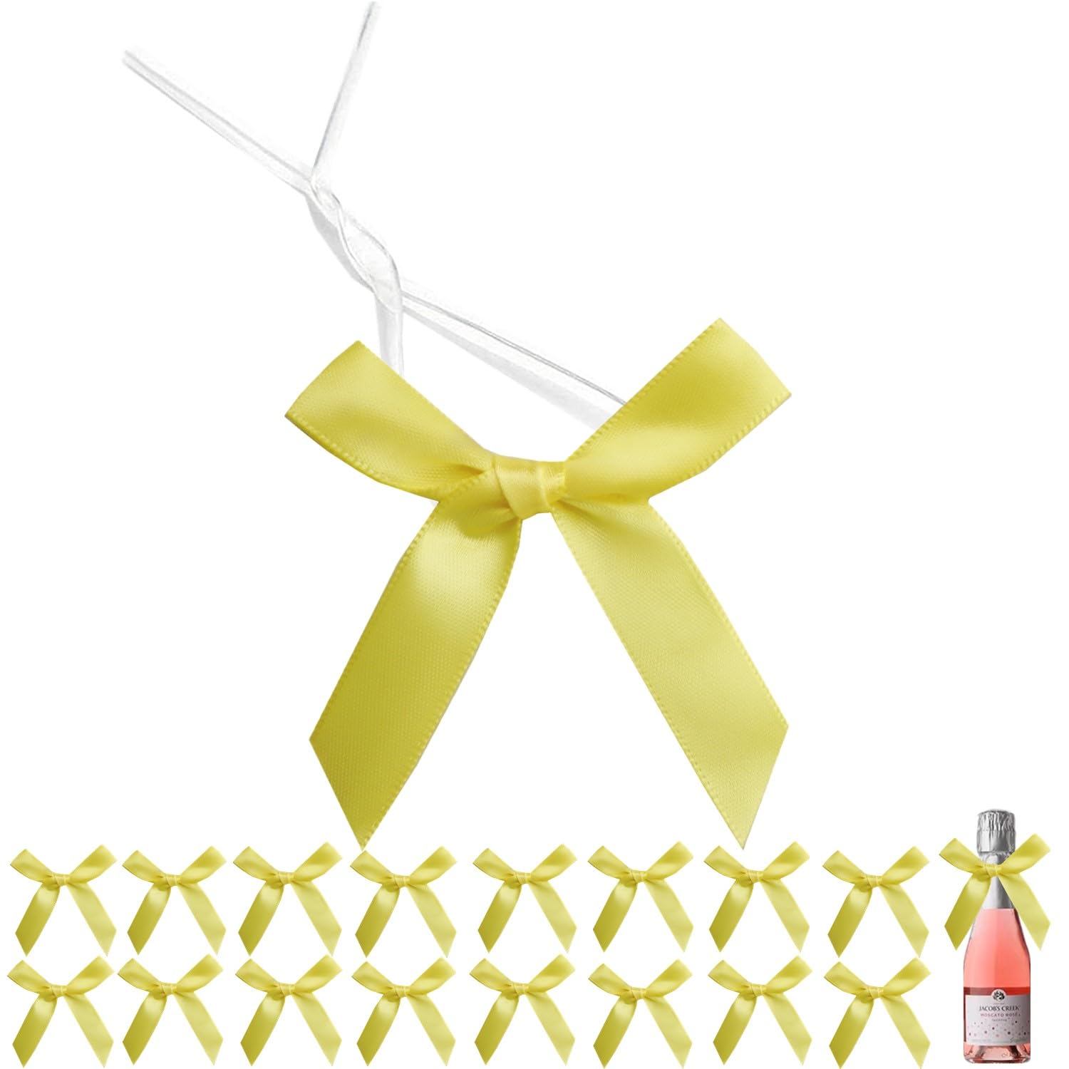 60 PCS 3 Inch Yellow Twist Tie Bows for Treat Bags, Twist Ties with Bows, Satin Twist Tie Bows for Cake Pop, Pretied Bows with Twist Ties, Bow Ties