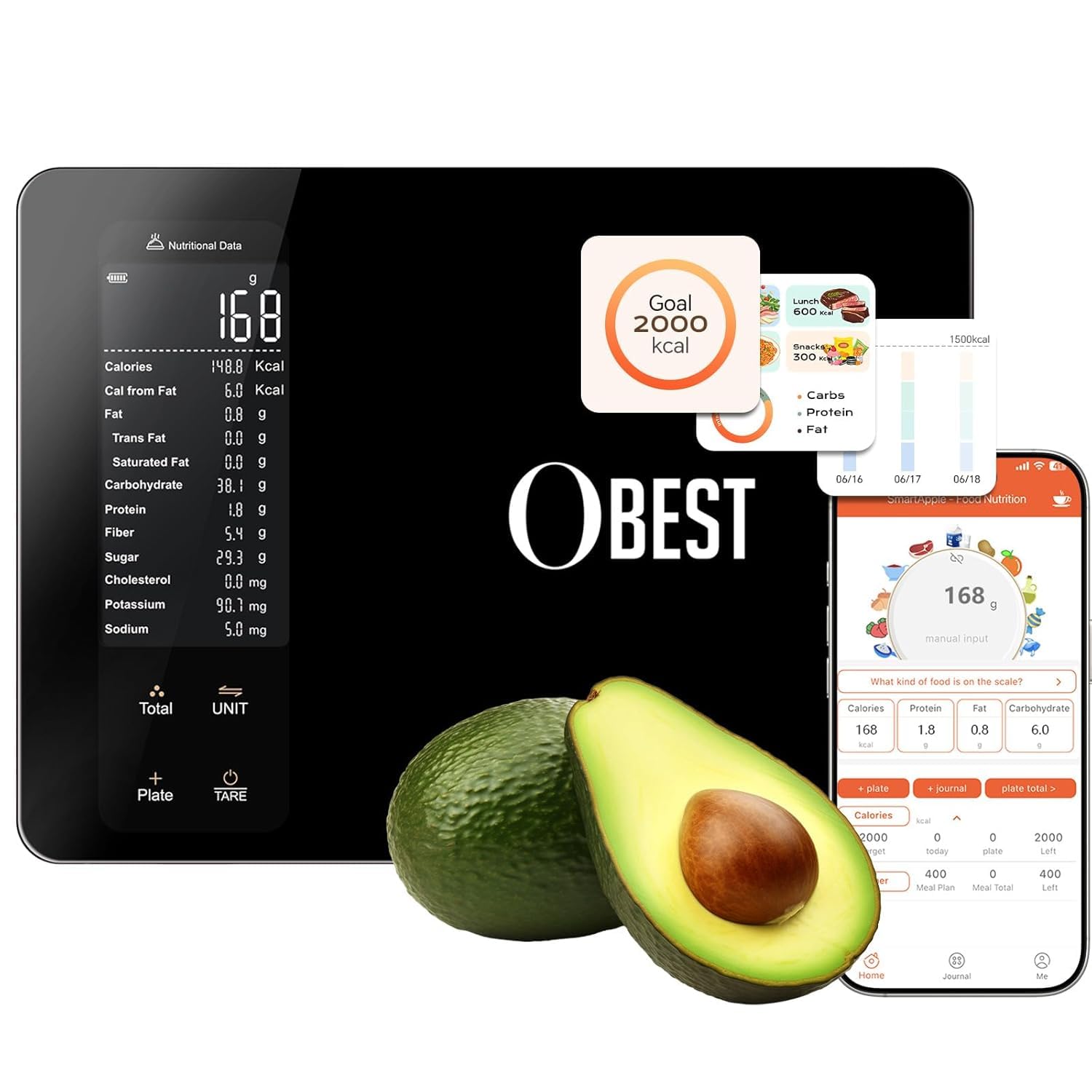 OBEST Balance de Cuisine Numérique avec Suivi de 30 Nutriments, 10kg/1g | Balance Intelligente avec Calcul Calories, Bluetooth Balance Alimentaire pour Perte de Poids, à Ecran LCD, Tara Fonction