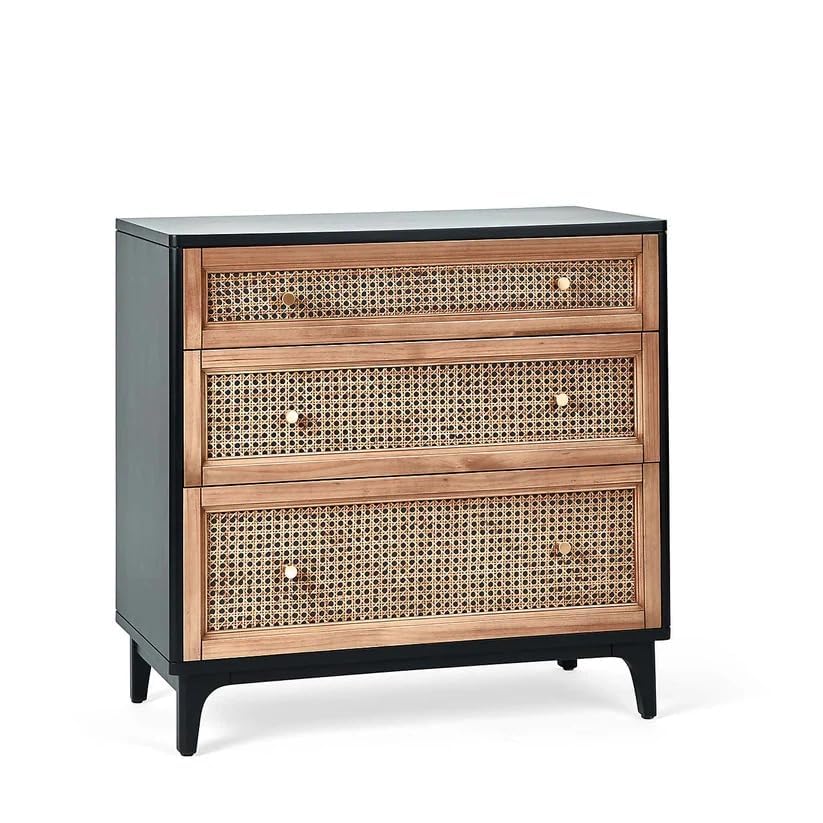 Image of Modern 3-Drawer Chest, Cane Woven Front Panels, Natural Wood and Black Frame, Living Room Storage L80 X W42 X H78 CM