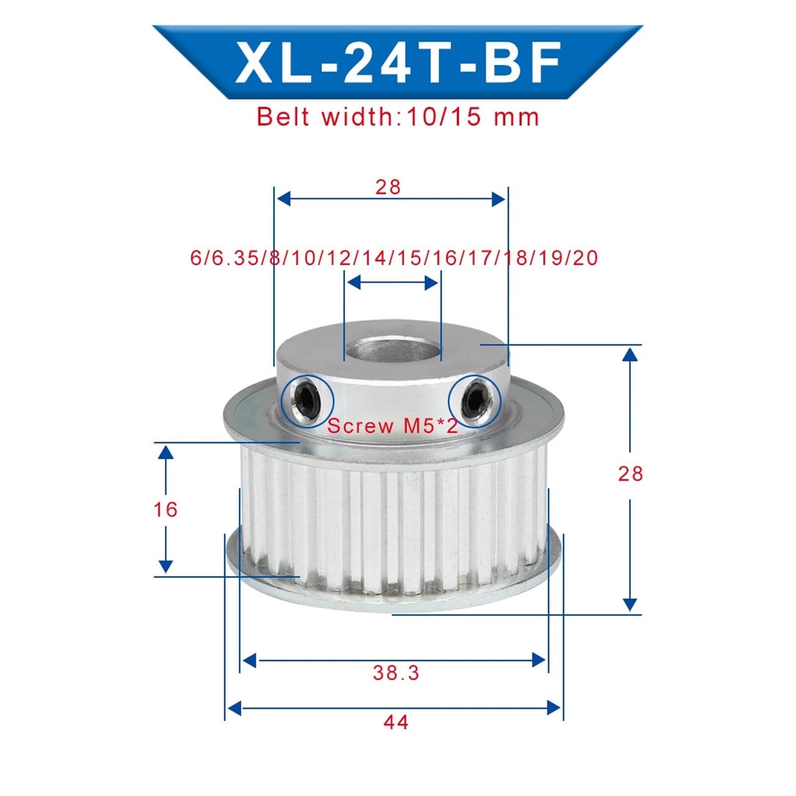 XL24T lekkie metalowe koło pasowe, trapezowe zęby, kształt BF, podziałka 5,08 mm, średnica otworu 6/6,35/8/10/12 mm, koło pasowe odpowiednie do szerokości paska 15 mm (20 mm)