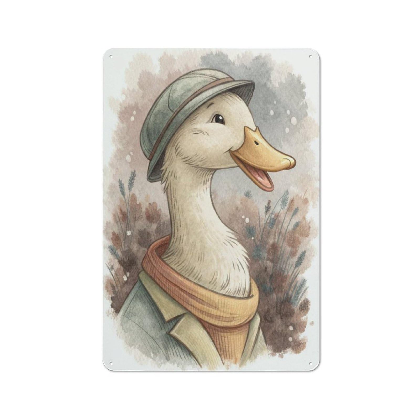 Junmoney Style-1 Metal Plaque 30X20cm With Anthropomorphic Duck In Autumn Attire For Pub Or Café, Vintage Decor, For Metal Sign Collectors, For Vintage Wall Decor Fans