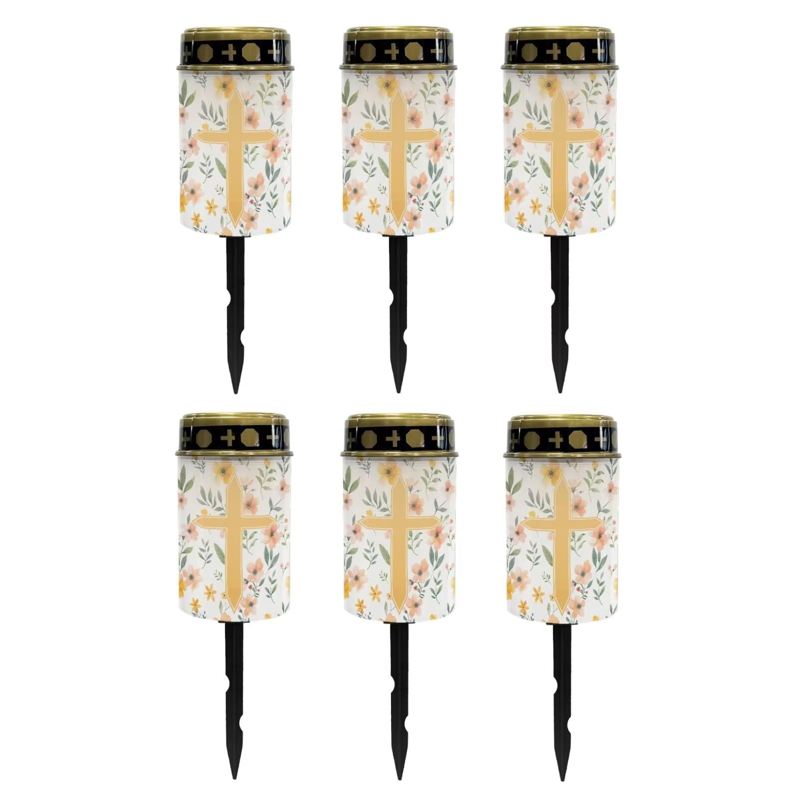Poceacles Cross Solar Lights Outdoor Solar Powered Outdoor Cemetery Stake Lights Grave Solar Lamp Landscape Lighting Waterproof Grave Flameless Candles, Yellow Floral Cross, Pack of 6