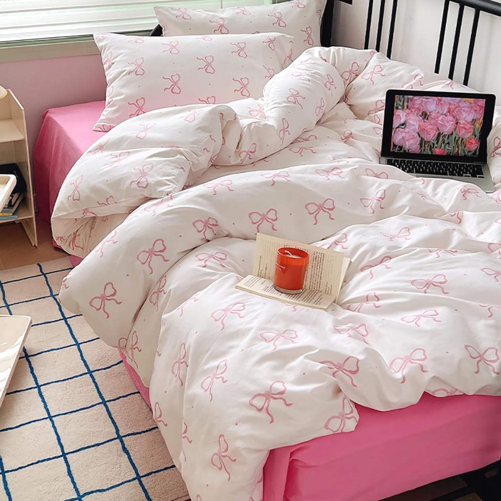 Housse De Couette 90x190 Cm Avec Taie D’oreiller - Motif Nœud Papillon Et Cœur Rose, Microfibre Douce, Fermeture éclair
