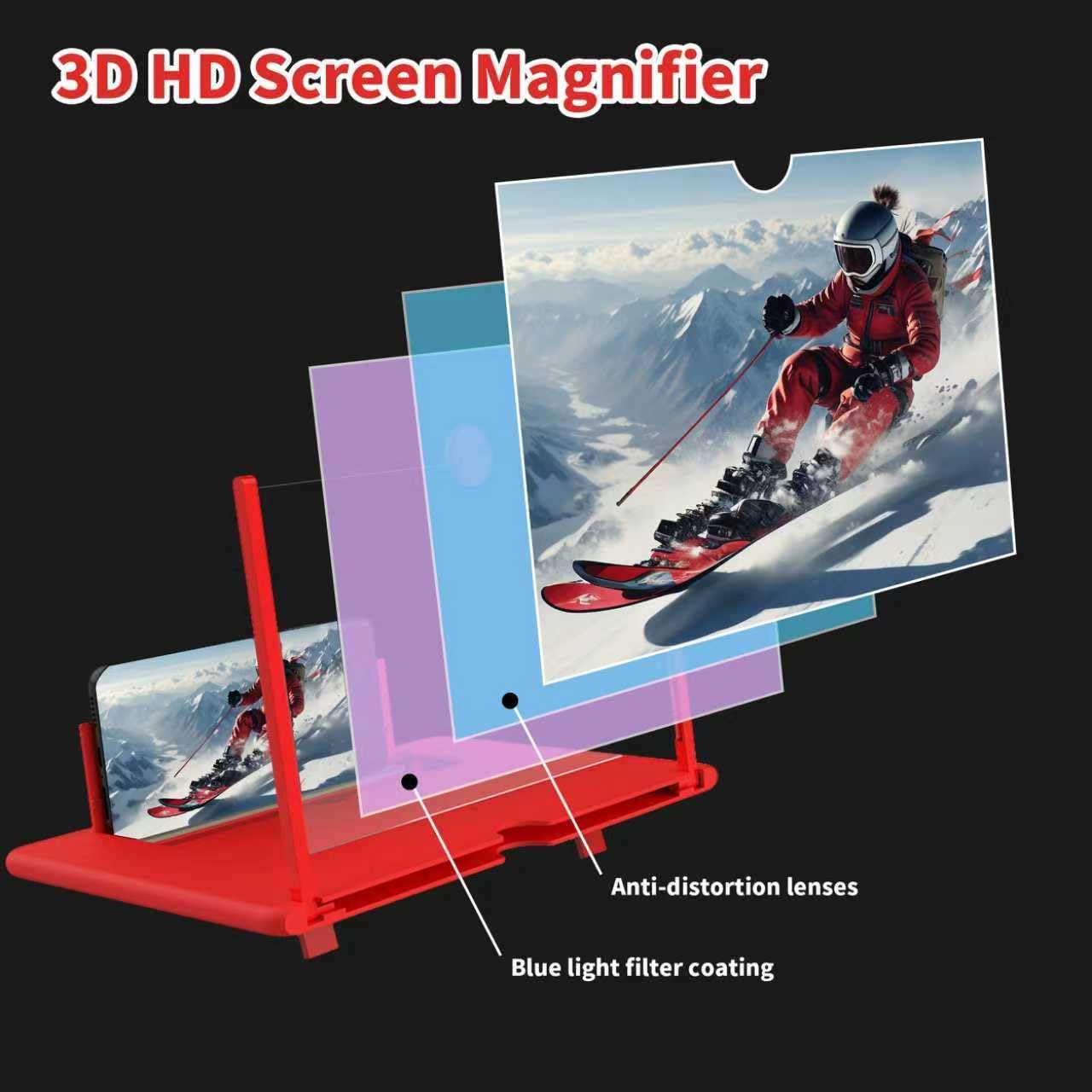 14 Inch Smartphone Screen Magnifier 3D HD Foldable Phone Stand with Adjustable Angle, Suitable for Movies, Videos, and Games,Supports All Smartphones. (Black)