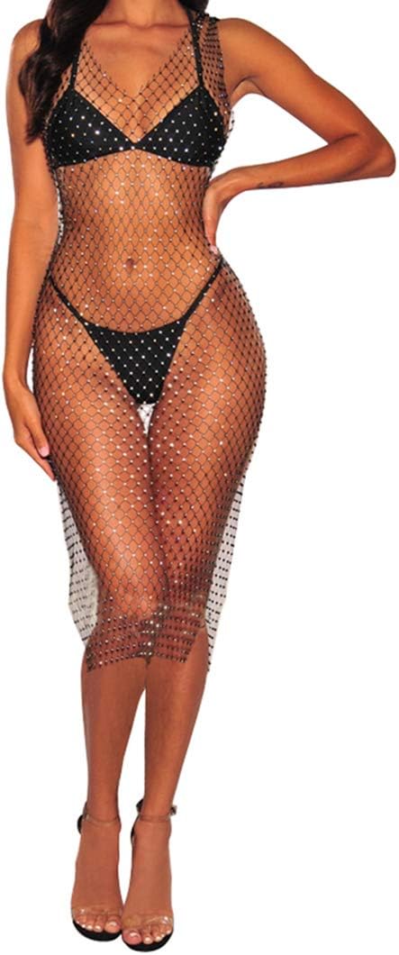 Women Sexy See Through Mesh Beach Bikni Swimsuit Sleeveless Cover up Rhinestone Midi Dress