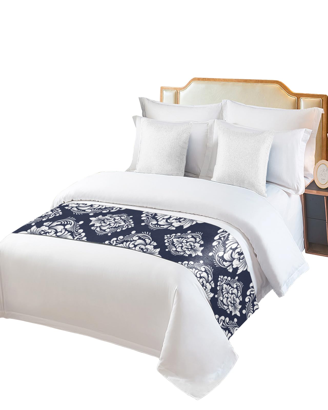 Navy Blue Paisley Bed Runners for Cal King Size Bed, Decorative Bed Throws for Foot of Bed, Luxurious Modern White Abstract Art Aesthetics Bed Runner Sofa Throw Bedding Scarf Protector for Bedroom