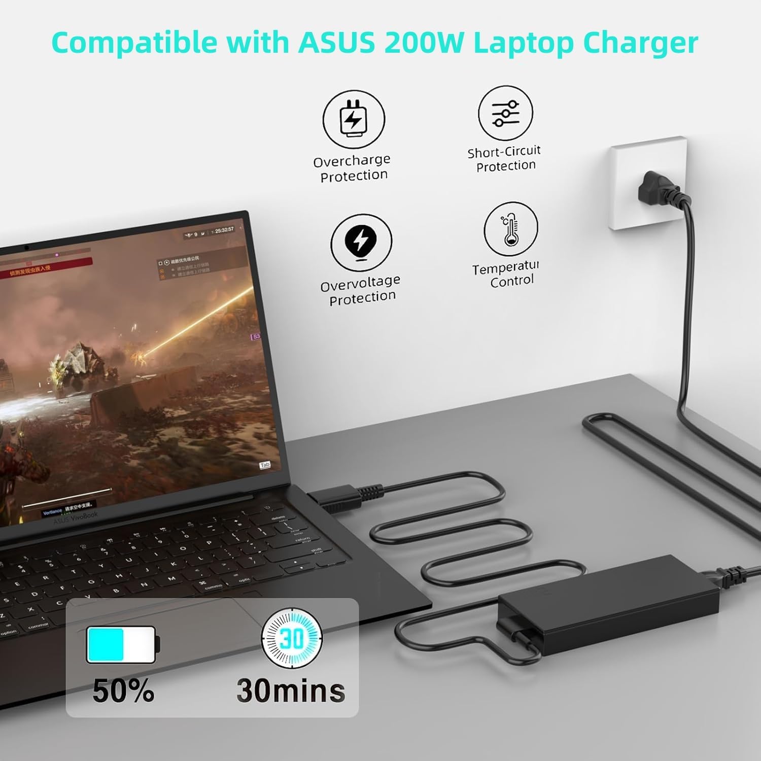 200W Laptop Charger Compatible with ASUS Zephyrus G16 G14 GA605 gu605 gu605m FA401WV TUF Gaming A14 A16 2024 2025 ROG ProArt P16 H7606 H7606WI ADP-200JB K Power Cord