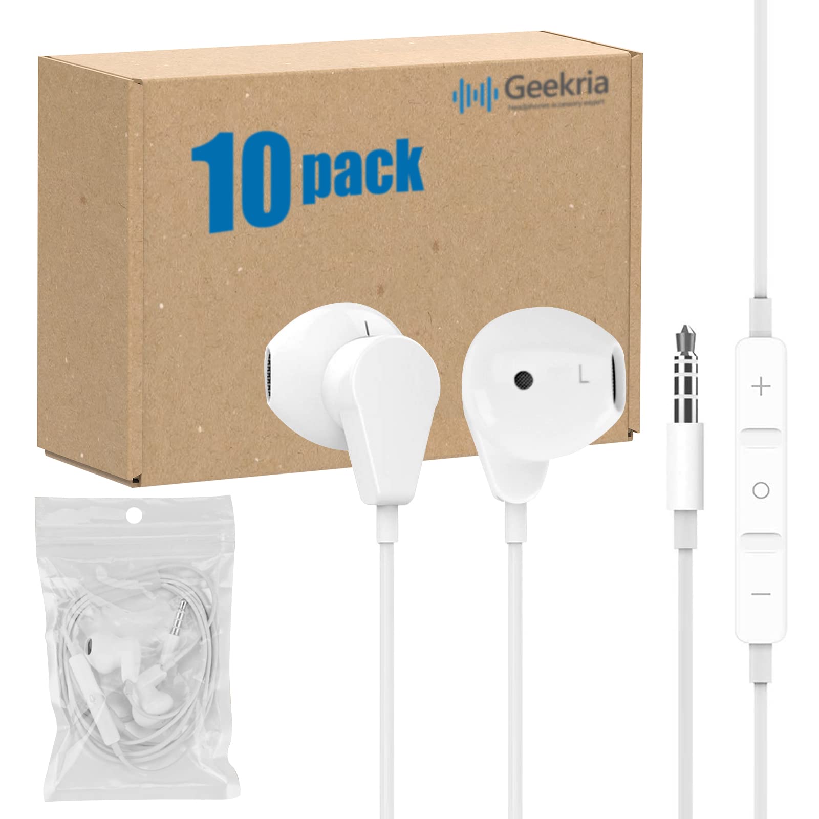 Lot de 10 Écouteurs Filaire Geekria, Stéréo 3,5 mm avec Micro et Contrôle du Volume, Semi in-Ear pour Étudiants, École, Bureau, Bibliothèque, Blanc