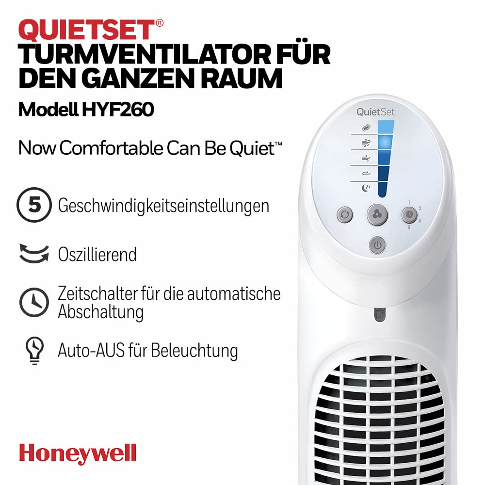 Honeywell QuietSet Oszillierender Turmventilator für den ganzen Raum (5 Geschwindigkeitseinstellungen, Oszillation 80°, Timer-Funktion, Auto-AUS für Beleuchtung, Fernbedienung) HYF260, Weiß