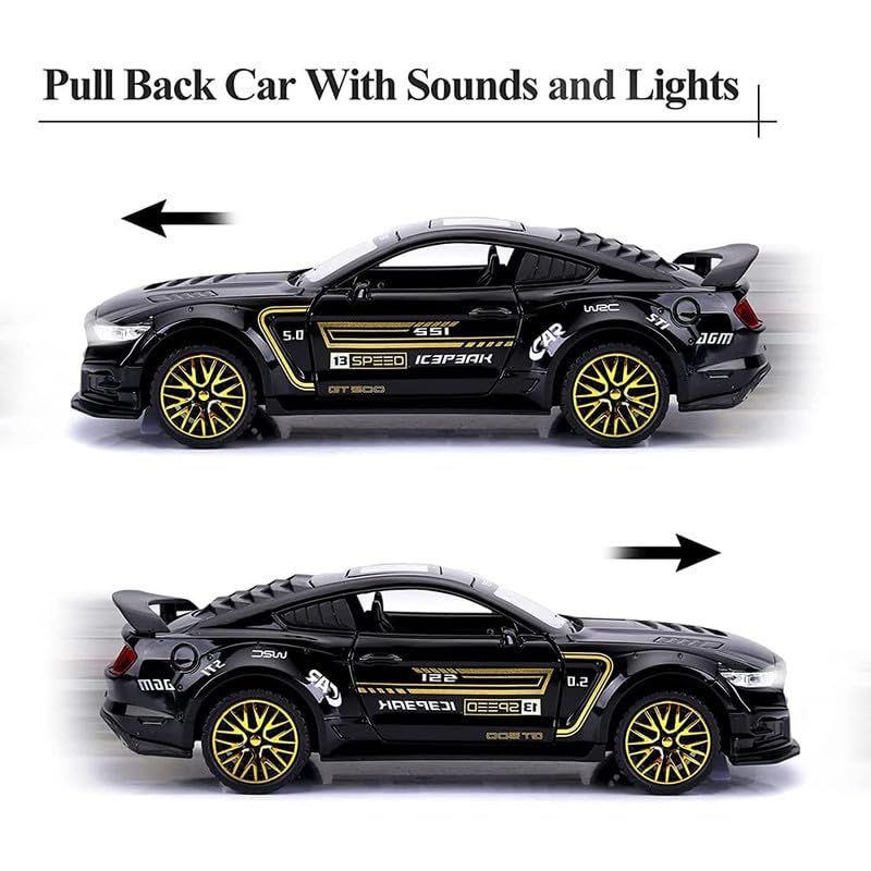 Image of PINQUE Kids New Car 1:32 Mastang Diecast Alloy Metal Pull Back Car with Openable Doors Music Sound and Light Vehicle Toy Car for Boys (Black)