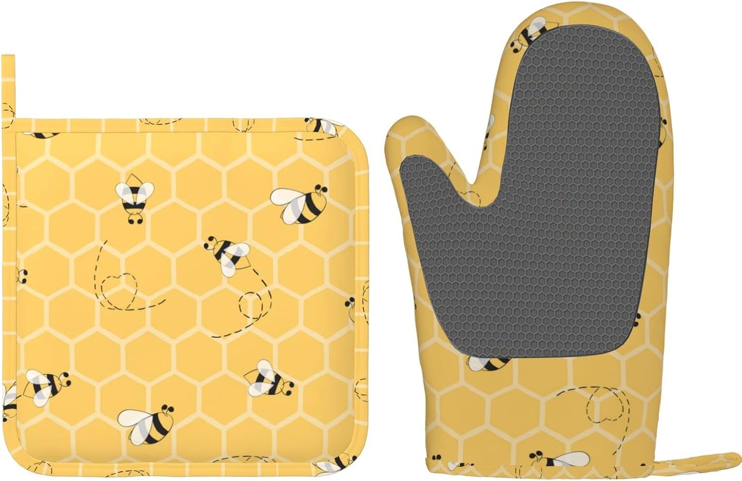 Funny Bees Honey Left-Hand Oven Mitt and Pot Holders Sets of 2, Yellow Beehive BBQ Silicone Gloves of Durable, Cooking Heat Resistant Pads Mats