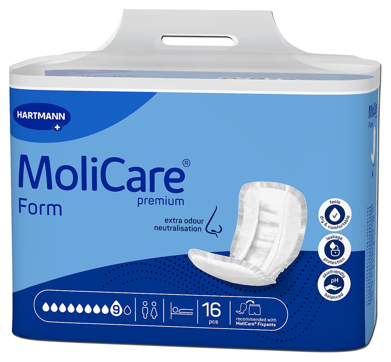 Molicare Forma premium 9 kropli, do najcięższego nietrzymania moczu: maksymalne bezpieczeństwo, dodatkowa ochrona przed wyciekiem i dyskrecja dla kobiet i mężczyzn, 4 x 16 sztuk