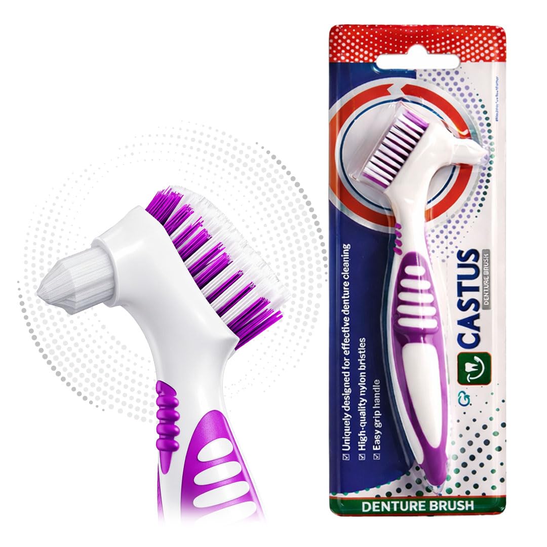 CASTUS Denture Brush | Specially Designed To Clean Dentures | Easy Grip Handle | Nylon Bristles - Manual, Adult, White Pack Of 3