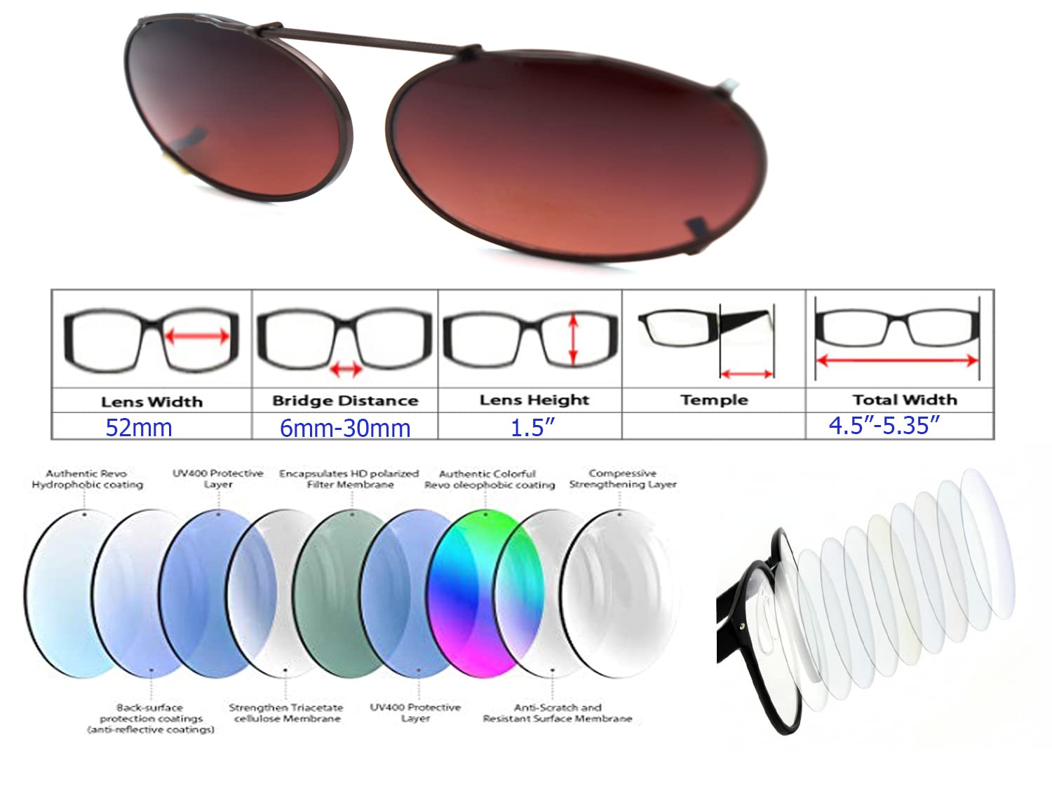 Color Viper Clip On, Flip Up, Adjustable Spring Clip on, Driving Lens, Lens very (E4 Large Size Oval/Driving Lens Brown)