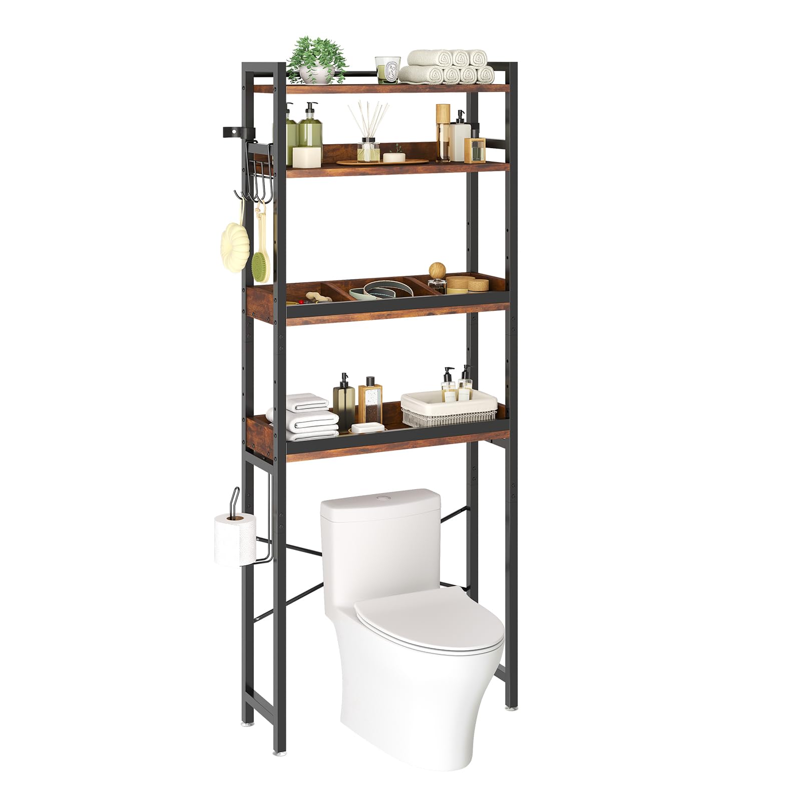 Dripex Scaffale per WC a 4 livelli, organizer da bagno sopra la toilette, scaffale per lavatrice, ripiani regolabili in altezza (marrone)