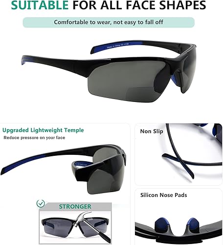 Miniatura 4 de Eyekepper TR90 Gafas de sol bifocales polarizadas deportivas irrompibles sin montura, Marco negro-azul matelente gris