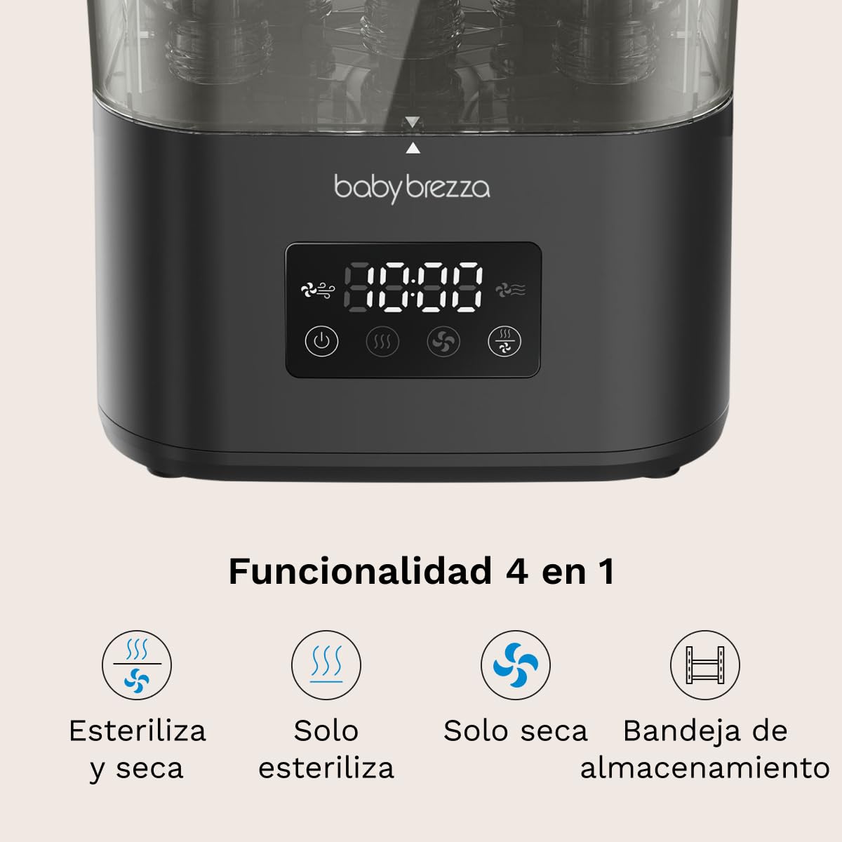 Baby Brezza SuperQuick Esterilizador y Secador en 10 Minutos (75% Más Rápido) | Mayor Capacidad para 8 Biberones y Piezas de Extractor | Esterilizador Eléctrico de Vapor | 4 en 1 (Negro) | Mantiene el contenido estéril hasta 48 horas