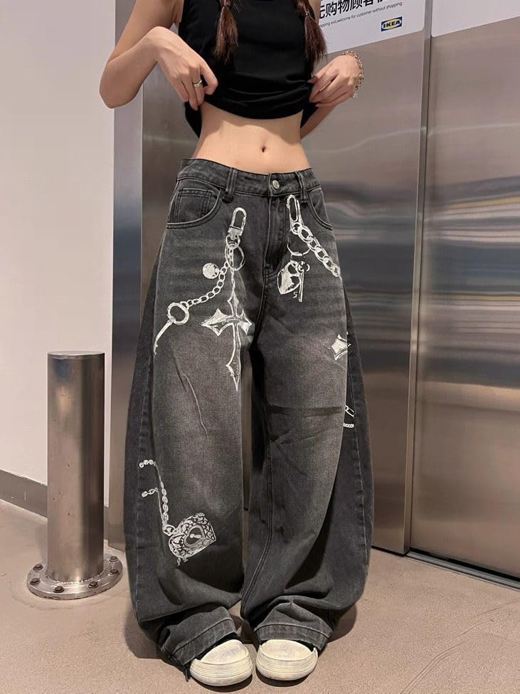 Y2k Unisex Grunge Gothic 3D Cross Chain Print Baggy Jeans Vintage Hiphop Punk Loose Fit Casual Wide Leg Denim Pants3