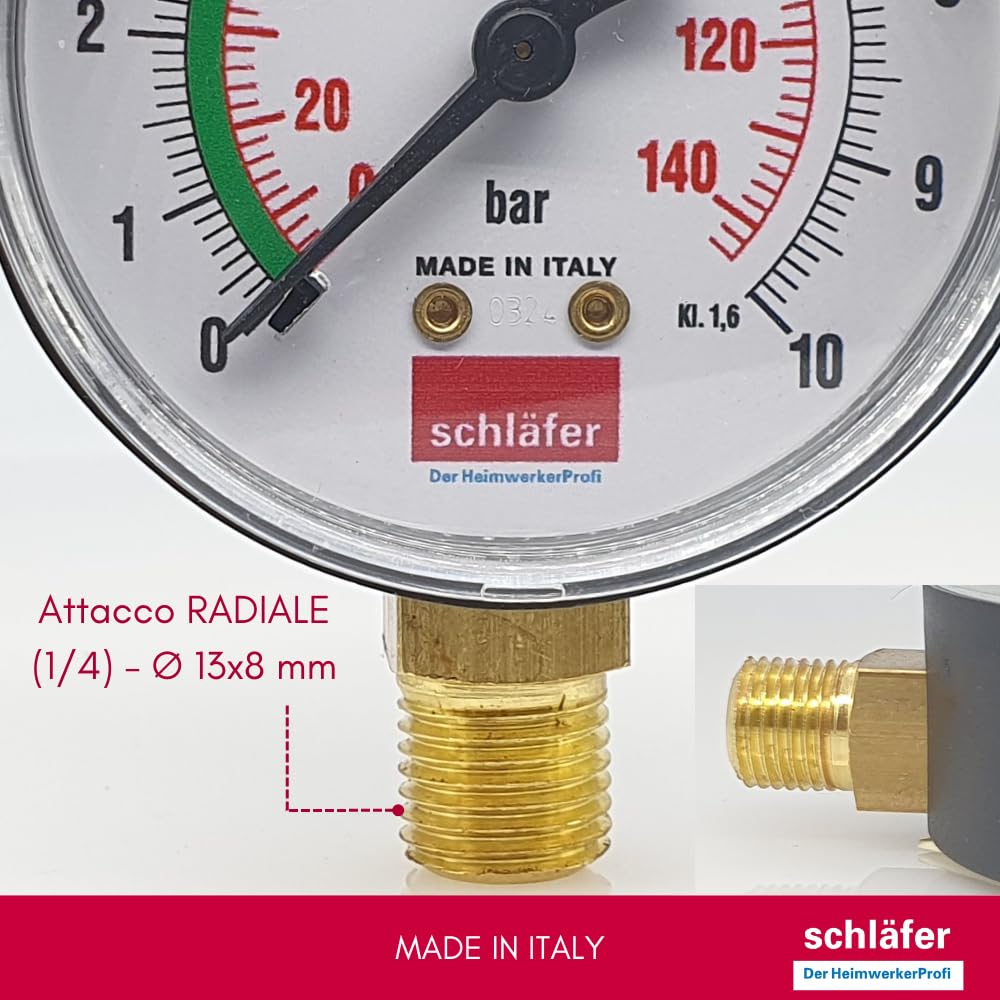 Schläfer 0930168 | Manomètre hydraulique vertical Ø 63 mm, raccord radial 1/4 ", échelle de mesure 0-10 bar, pour systèmes thermiques et contrôle de pression d'air et d'eau