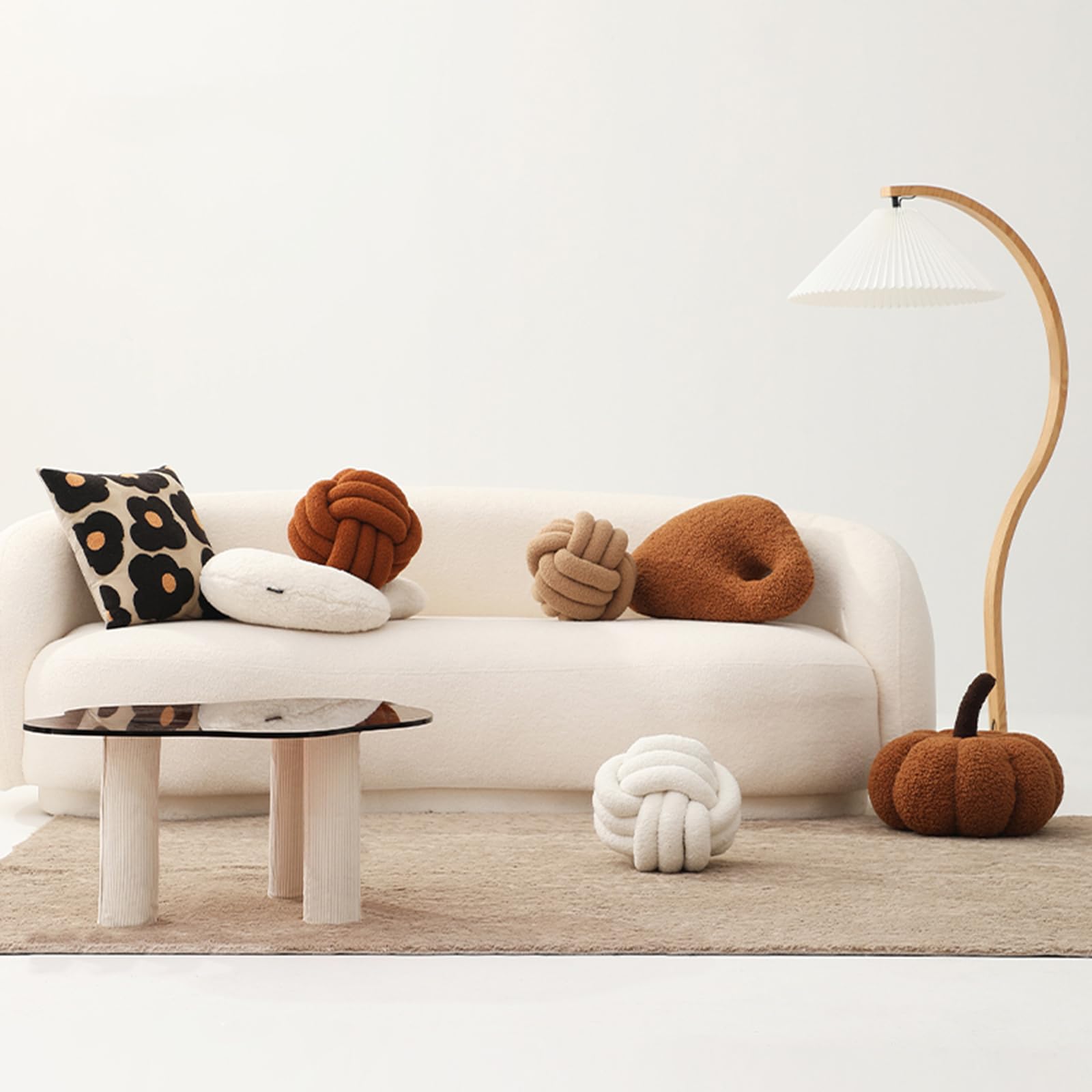 Rund Knotenkissen Beige, 28cm Ball Dekokissen Beige Weiß, Boucle Knoten Zierkissen Aesthetic Sofakissen aus Lamm Samt, Bett Deko Kissen Runden für Kind Schlafzimmer (Packung mit 2)