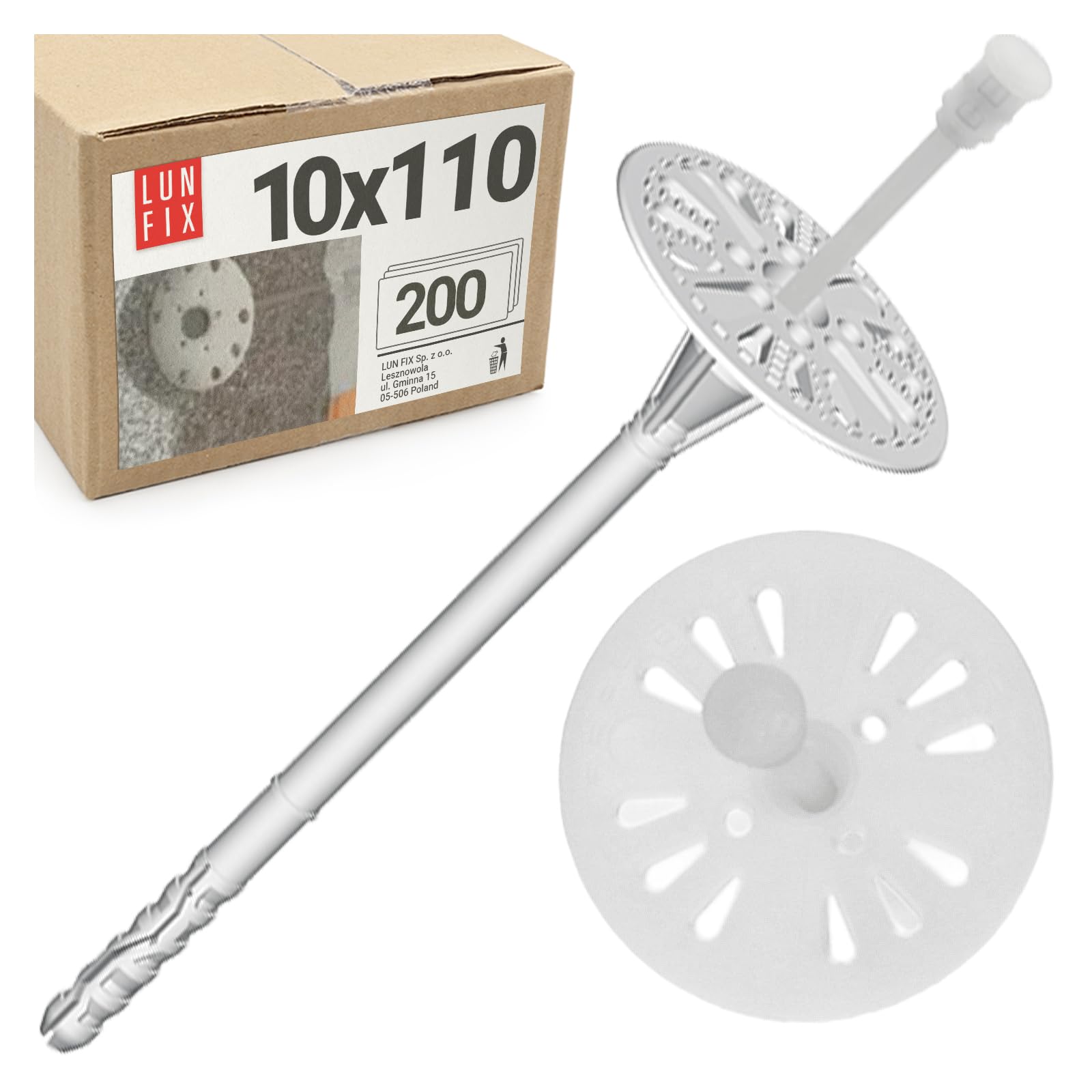 Taco Aislamiento 10x120 mm WDVS, fijación Universal fachada EPS Styropor, Taco plástico con Plato, Clavo Nylon, Anclaje Paneles aislantes Exterior, 200 uds, Lun Fix