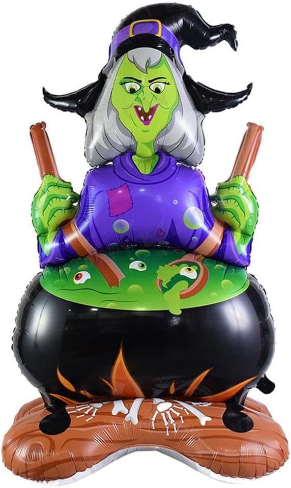 Image of AMFIN (Pack of 1) Self Standing Halloween Witch Cauldron Foil Balloon - 44 Inch Large Inflatable Witch with Cauldron Decoration -Multi