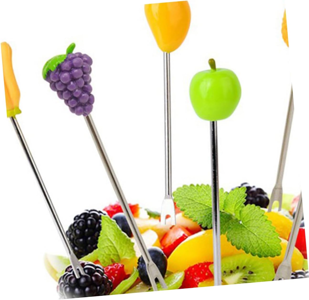 Zerodeko 6PCS Cartoon Fruit Fork Set Stainless Steel Fruit Picks with Plastic Barrel Holder Fun Dessert Forks for Boys and Girls and Adults for Salad Cocktail and Party Use Random Color