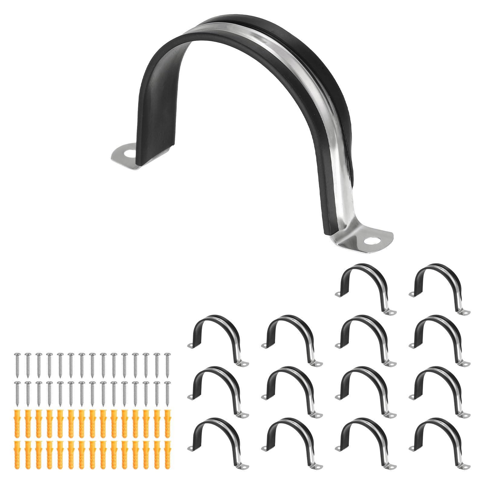 sourcing map 15 Pcs Pipe Strap Clamp, 74mm(2.91") Rubber Cable Clamp Rubber Cushioned 304 Stainless Steel U Bracket Tube Holder Support with Screws for Water Pipe HVAC Cable Management