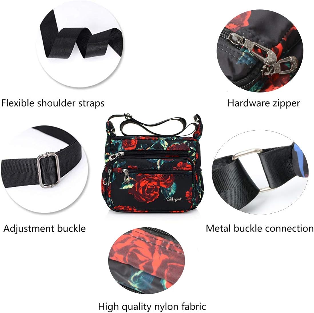 Nylon Floral Multi-Pocket Crossbody Purse Bags for Women Travel Shoulder Bag - Image 4