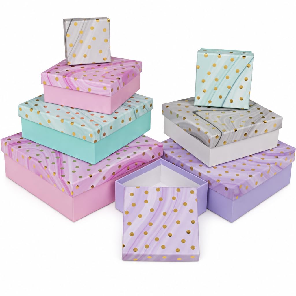Lot de 8 boîtes cadeaux - Lot de 8 boîtes cadeaux - Pour Noël, anniversaire, mariage, environ 22,5 x 22,5 x 8 cm (multicolore avec pois dorés)