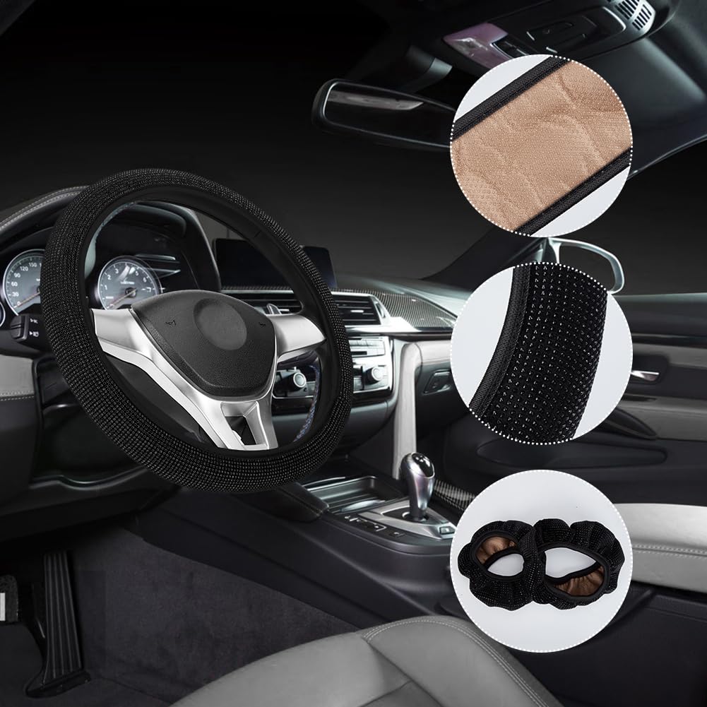 Set 15 Pezzi Accessori Auto Bling Donna - Coprisedili Velluto Traspirante - Coprivolante Cristallo - Dettagli Diamante Nero - Kit Interni Universale - Diamante Nero, Volante 38cm