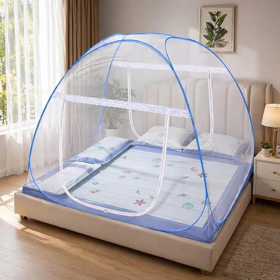mosquito net for double bed, king size | premium machardani, tent-style foldable design, strong & durable, corrosion resistant insect protection for home use. (king_blue) bb2