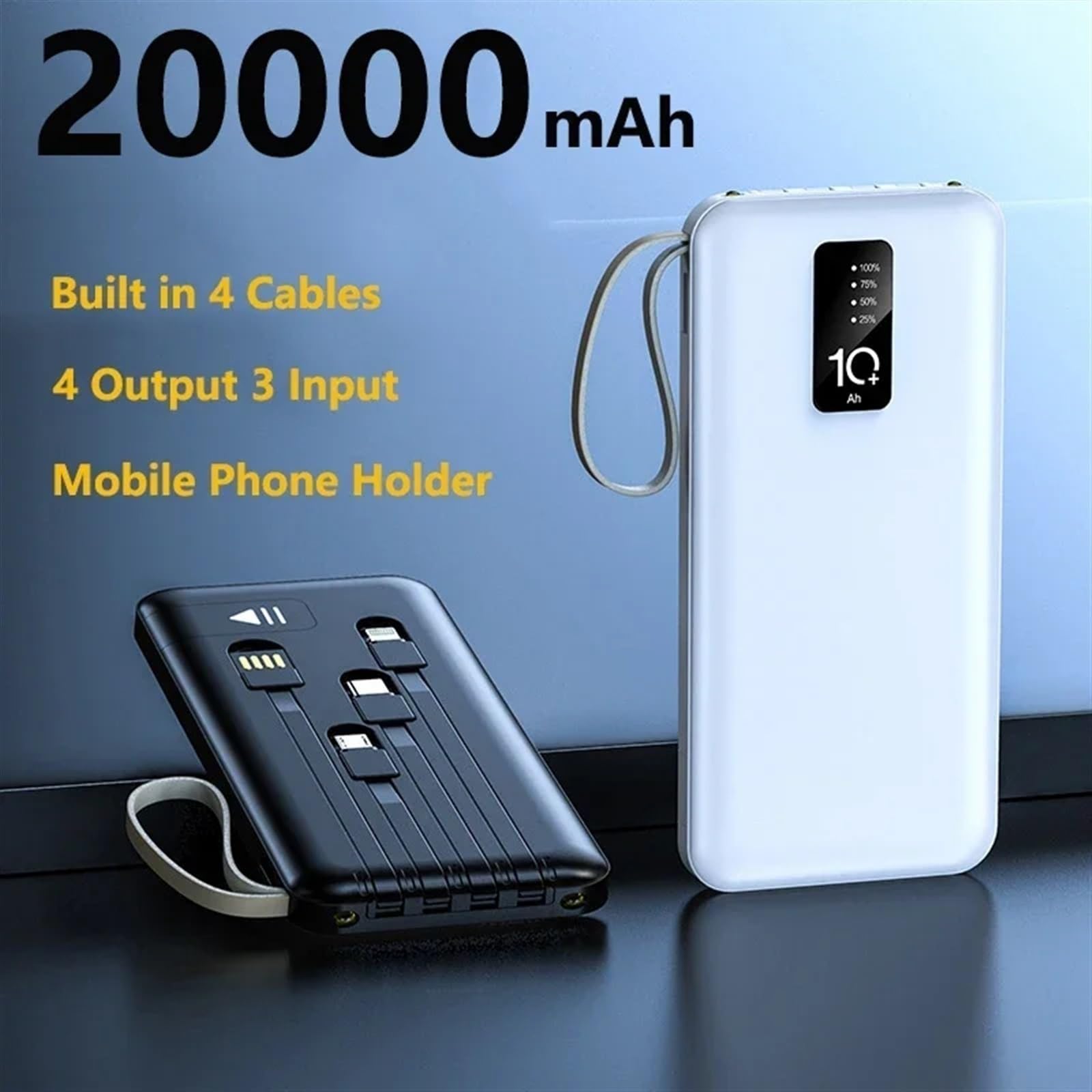 Slim Power Bank 20000 MAh Przenośna Zewnętrzna Ładowarka Do Baterii 10000 MAh Powerbank Wbudowany Kabel (Size : White20000mAh)