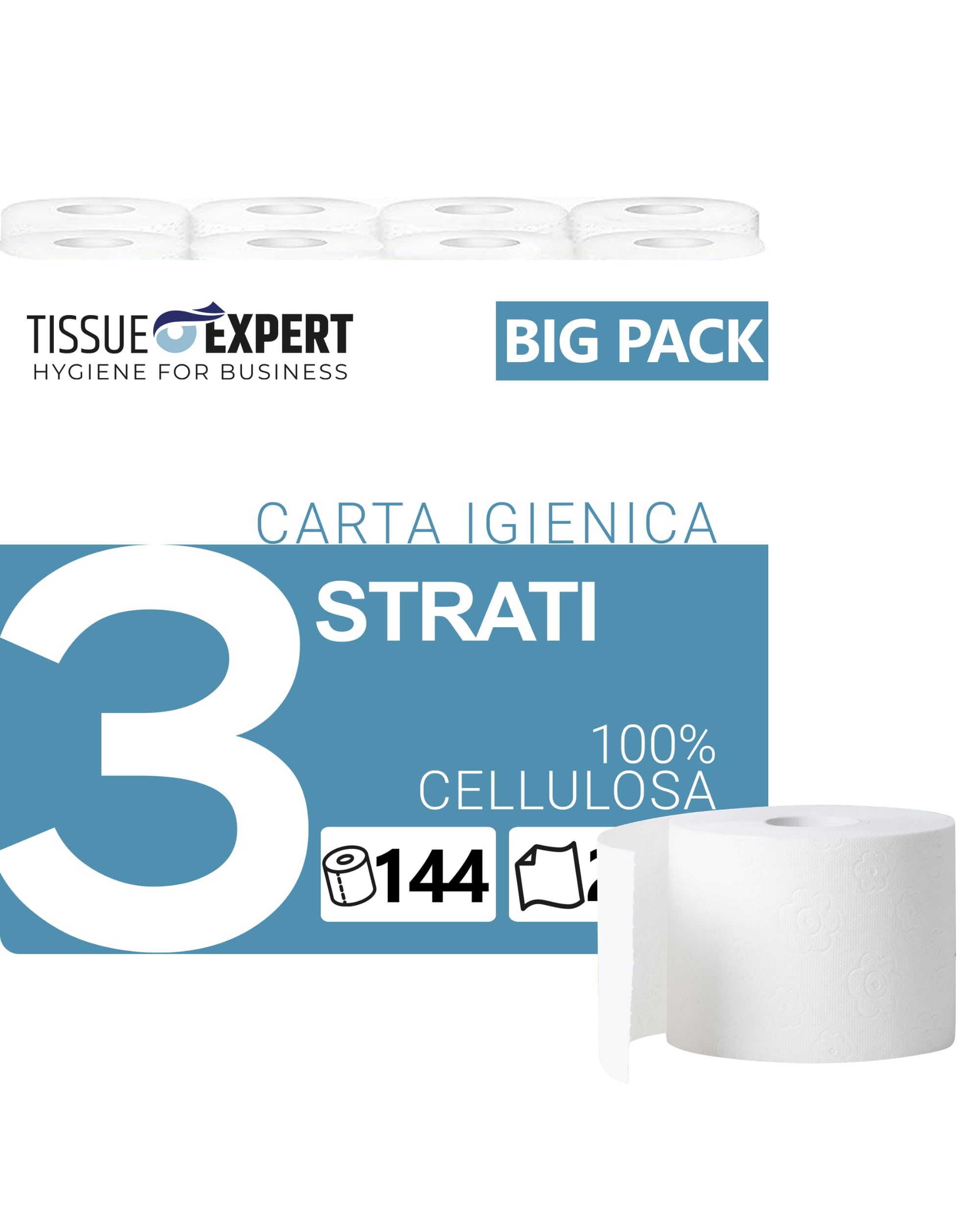 Carta igienica, 3 strati, 144 rotoli x 250 fogli, 100% cellulosa, carta igienica super morbida, confezione grande per uso commerciale, carta igienica, confezione da 60% PCR (144 rotoli)