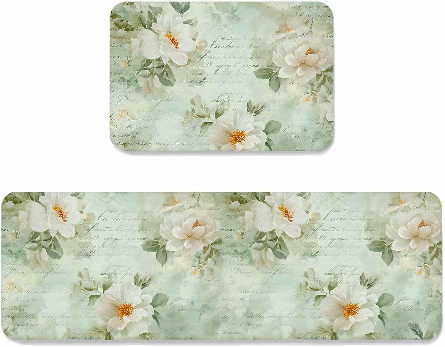 Prime Leader Camellia Flower Kitchen Mat Set 2 Pieces White Floral Mint Green Boho Vintage Non Slip Kitchen Rugs Washable Runner Rug Mats for Sink Laundry (19.7" x 31.5"+19.7" x 63")