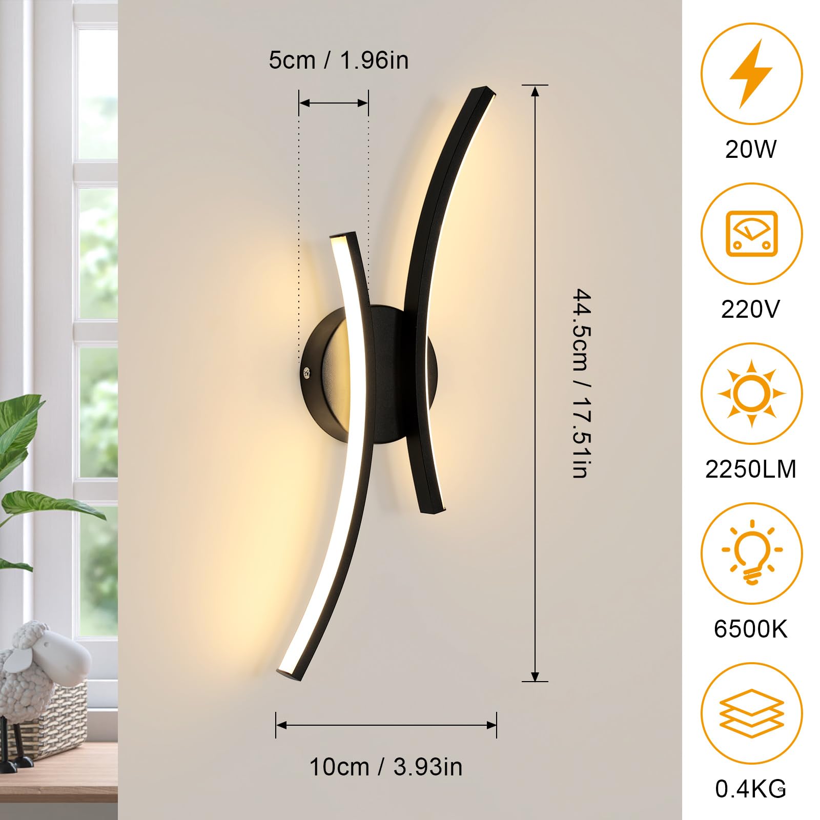 Applique Murale Intérieure LED, 20W 2250LM Noir Lampe Murale LED Chambre Créativité, 44.5CM Luminaire Mural Moderne en Aluminium pour Salon Cuisine Couloir Escalier, Blanc Chaud 3000K