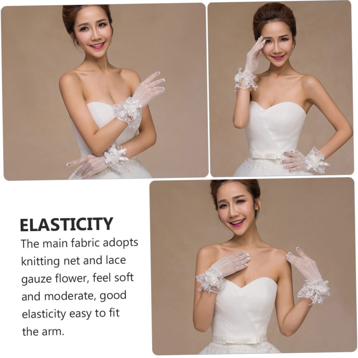 Abaodam Guantes de Novia de Malla y Encaje Floral Beige 1 Par