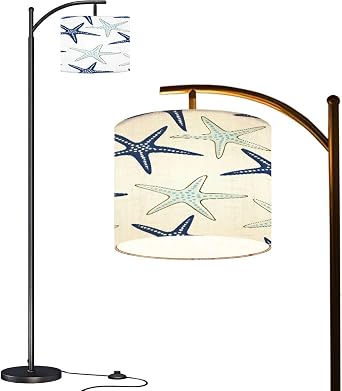 Arc Floor Lamp Coastal nautical starfish repeat pattern Navy blue turquoise white Modern Tall Standing Lamp Dimmable with Remote Adjustable Drum Shade Footswitch for Living Room Bedroom Office