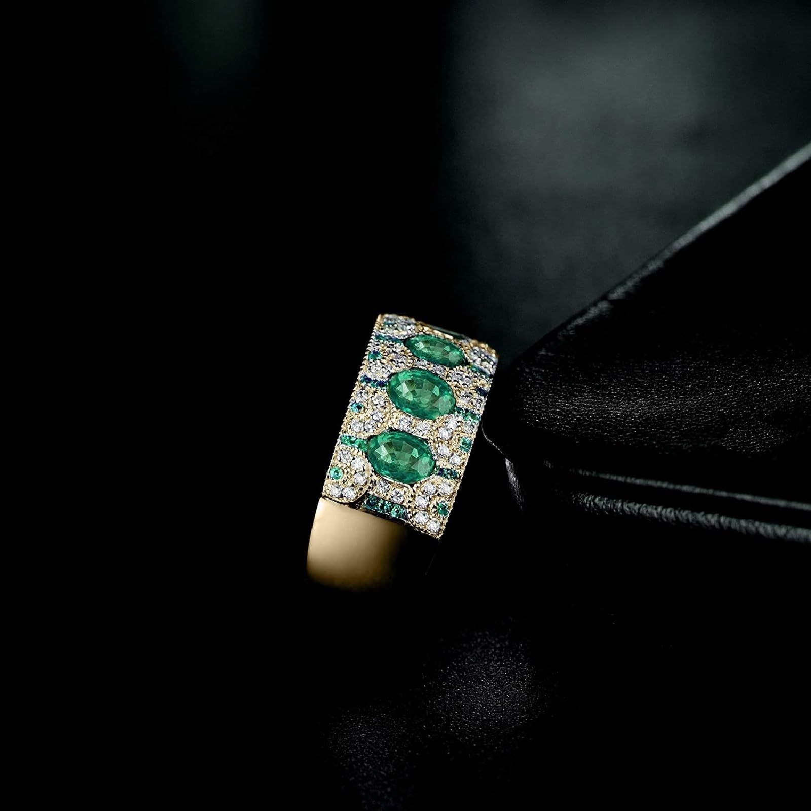 Ringe Damen Elegant, Verlobungsring Damen 63 14K Gelbgold Tansanit Diamant Bandring mit 1,58 Smaragd für Geburtstag Schmuck