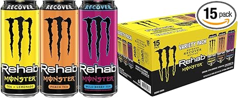Monster Energy Rehab Tea + Lemonade, Peach, Wild Berry, Variety Pack, Energy Iced Tea,15.5 Ounce (Pack of 15)