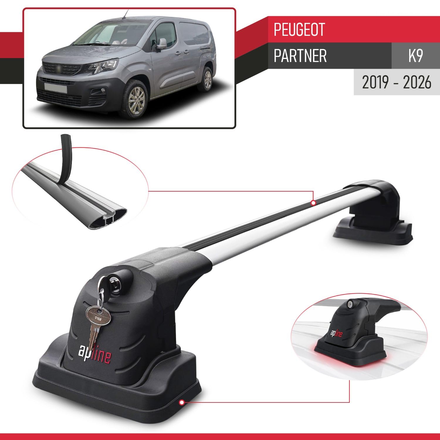 Compatible con Peugeot Partner (K9) 2019-2026 Modelo Ace-3 Barra de Techo Auto Portaequipajes Barras Transversales Gris Aluminio 2 Barras