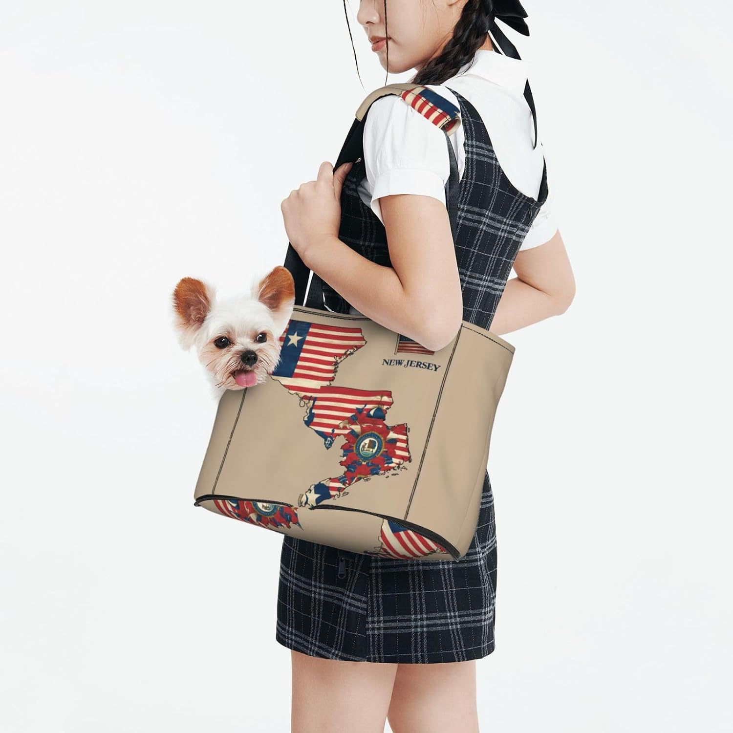 New Jersey Flag Map01 Print Portable Foldable Shoulder Bag for Travel,with Collar Hook and Handle Pad,Cute Stylish Design