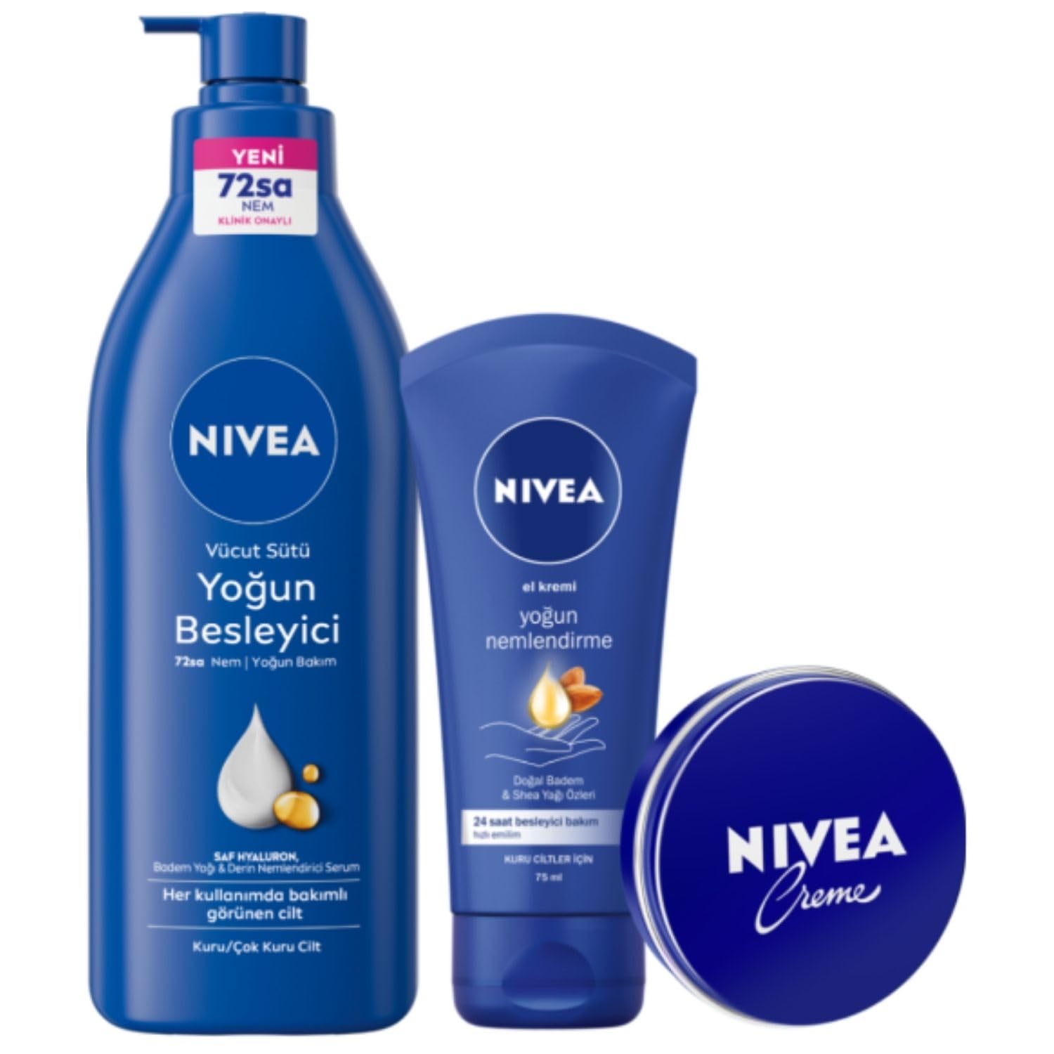 NIVEA Yoğun Nemlendirici El Kremi 75ml + Besleyici Vücut Sütü 400 ml + Nemlendirici Bakım Kremi 30 ml