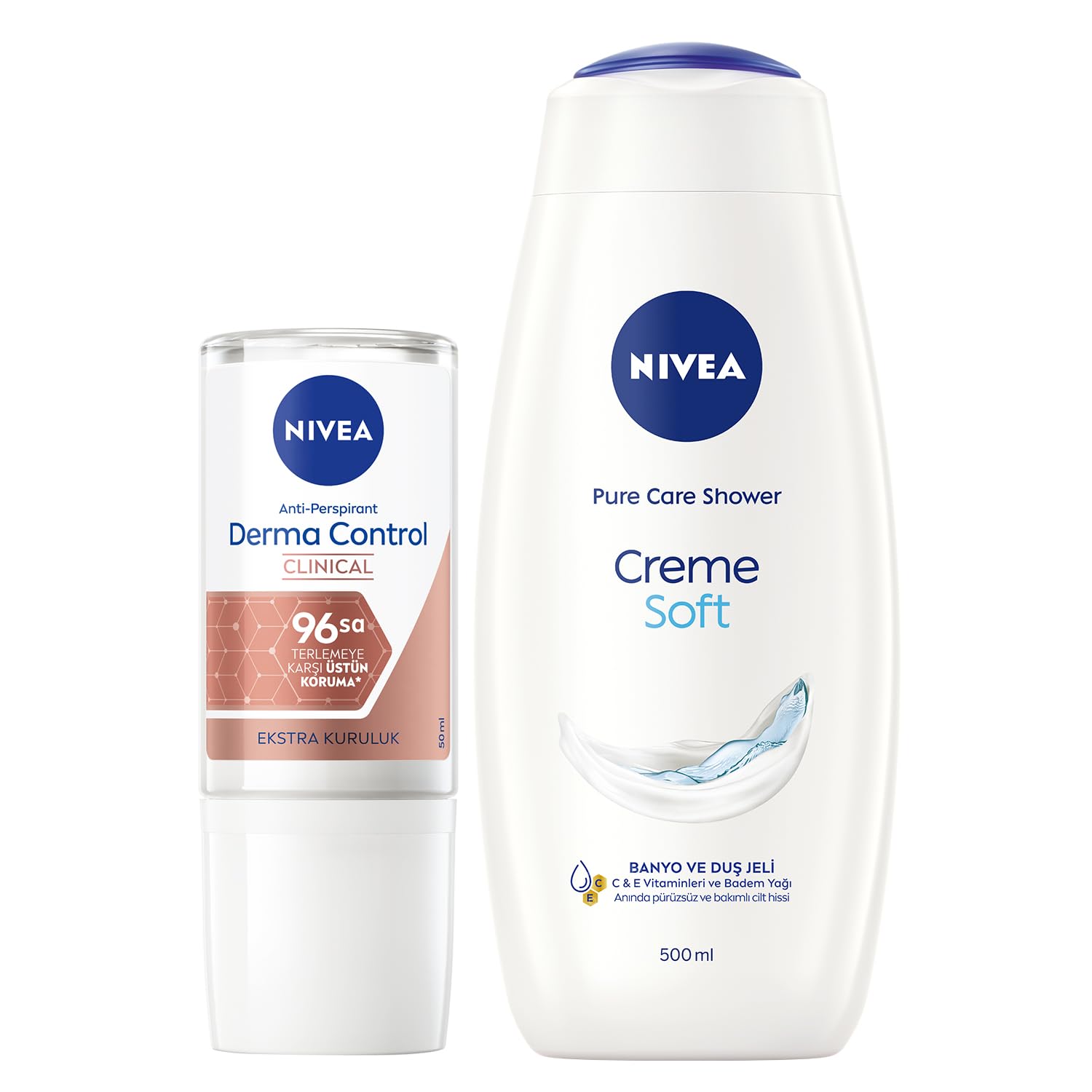 NIVEA Creme Soft Kremsi Dokunuş Banyo ve Duş Jeli 500 ml, Pro-Vitamin,Badem Yağı, Nemlendirme + NIVEA Derma Control Clinical Kadın Roll-on deodorant 50 ml,96 saat üstün koruma,Anti-perspirant