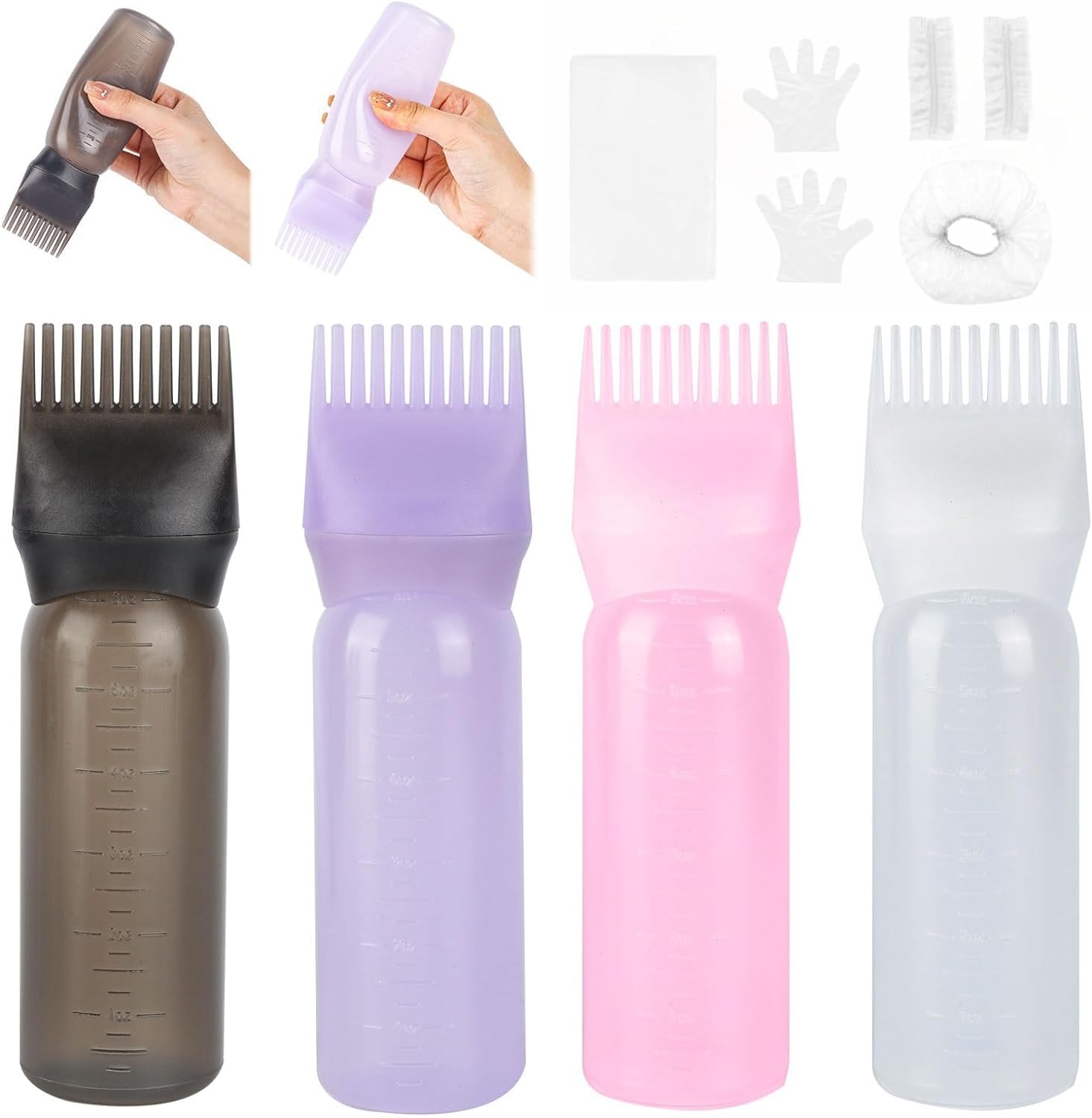 4 Pcs Hair Oil Applicator Bottle, 160ml Root Comb Applicator Bottle, Reusable Hair Dye Brush Bottle, Scalp Oil Applicator with Graduated Scale for Hairdressing Colouring