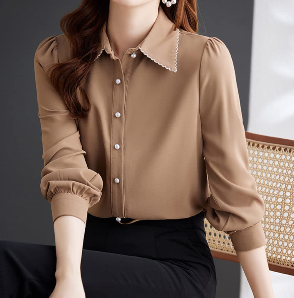 Camisa Informal De Manga Larga,Elegante Elegante De Las Mujeres Solapa Tops Sólidos Camisa Túnica De Satén Marrón Camisa De Manga Larga Blusa De Gasa Camisa Casual Blusa De Negocios De Oficina Para