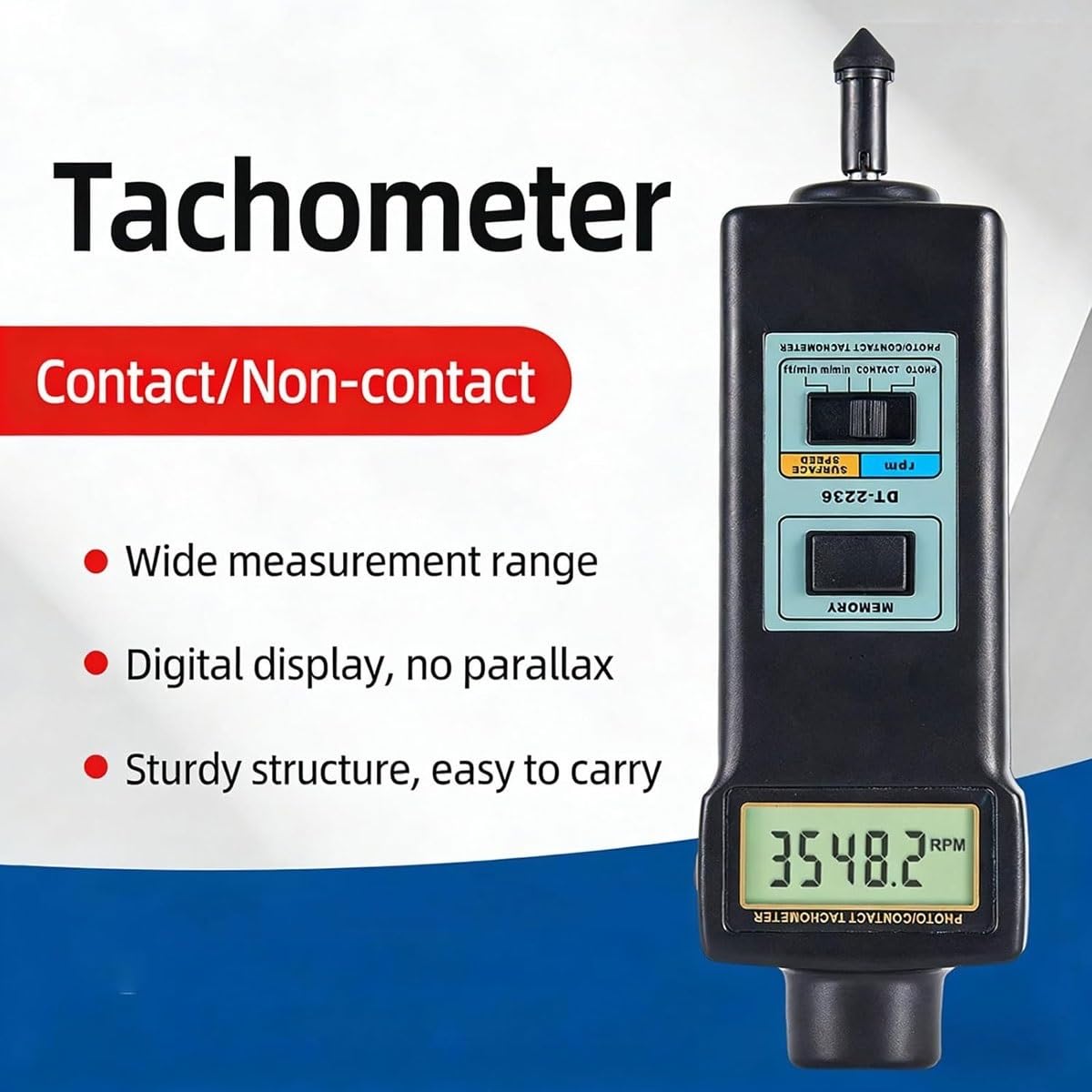 Handkontakt Foto Drehzahlmesser, Linearer Drehzahlmesser LCD Anzeige, 2.5-99999U/min Digitaler Drehzahlmesser 4 Sonden, Lineargeschwindigkeitsmessung m/min ft/min für Fuß Pro Sekunde Minute
