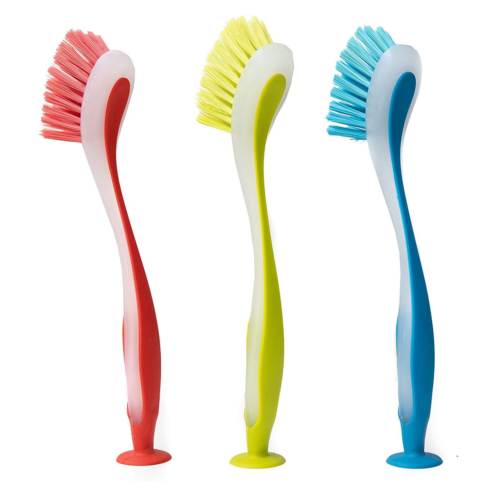 Of 3 Kitchen Scouring Scrubber Brushes with Suction Base Long Ergonomic Handle Assorted Color for Dishwashing Tasks Sink Brush with Long Handle