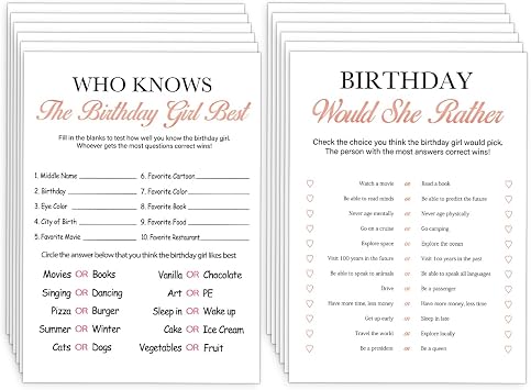 Birthday Party Decoration- Who Knows The Birthday Girl Best-Set of 2 Birthday supplies for 20 guests,Birthday Cards Set -20 Cards,Sweet Party Supplies