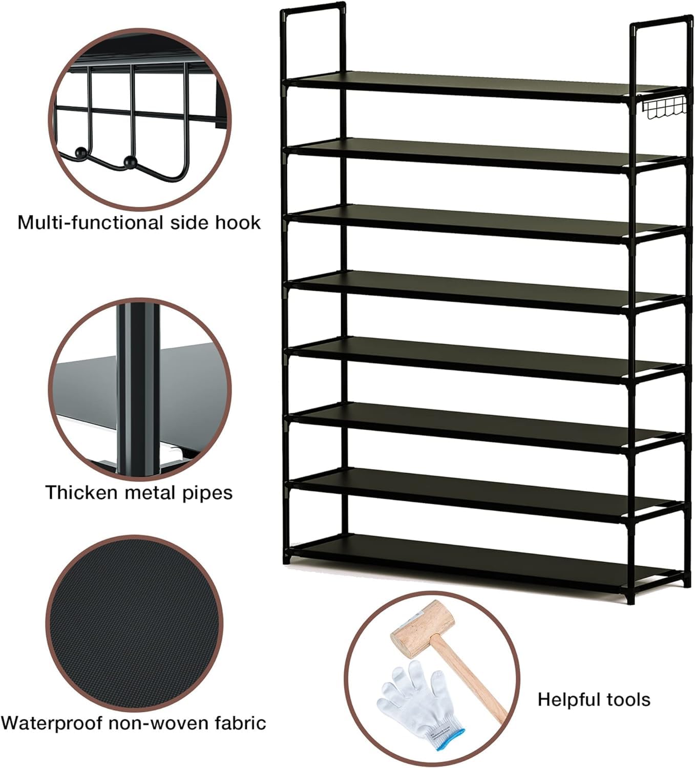 OYREL Shoe Rack 8 Tier 32-40 works Shoes, Shoe Storage Organizer Large with Side Bag Space Saving for Closet Entryway, Garage - Image 3